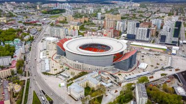 Rusya, Ekaterinburg - 30 Mayıs 2018: Merkez stadyum Yekaterinburg şehir. 2018, Dron dan FIFA futbol konumuyla eşleşen  