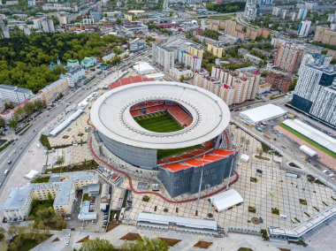 Rusya, Ekaterinburg - 30 Mayıs 2018: Merkez stadyum Yekaterinburg şehir. FIFA futbol konumunu 2018 eşleşir. Havadan görünümü