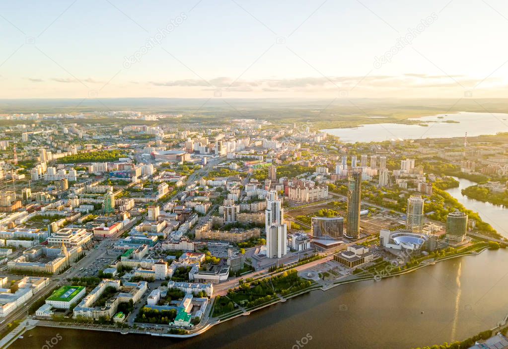 City center. Skyscrapers, Square 1905, Stadium, Iset, Pond. Aerial view (drone). Yekaterinburg, Russia