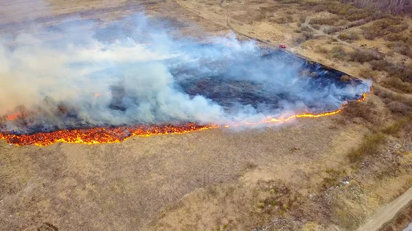 Gran Incendio Hierba Seca Está Ardiendo Mucho Humo Ekaterinburg Rusia — Foto de Stock