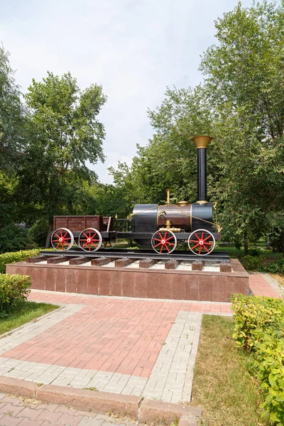 Old Steam Locomotive Revolution Square Krasnoyarsk Russia — Stock Photo, Image