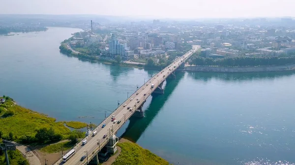 Rusko Irkutsk Glazkovsky Most Most Přes Řeku Angary Dron — Stock fotografie