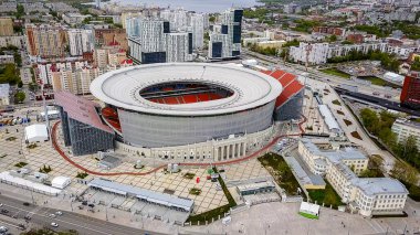 Rusya, Ekaterinburg - 30 Mayıs 2018: Merkez stadyum Yekaterinburg şehir. 2018, Dron dan FIFA futbol konumuyla eşleşen  