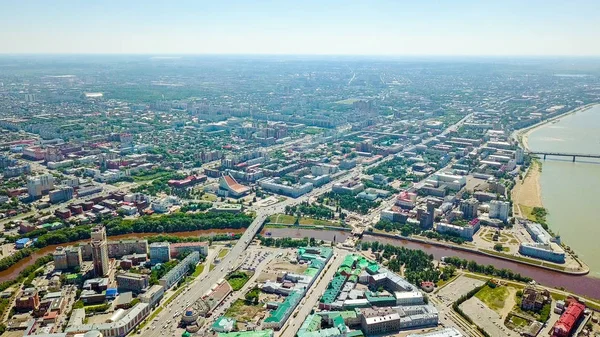 Fusão Dos Rios Irtysh Vistas Panorâmicas Cidade Omsk Rússia Dron — Fotografia de Stock