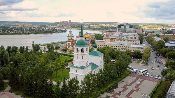 Rosja Irkuck Świątynia Cudownego Obrazu Zbawiciela Cerkiew Kościół Protestancki Dron — Zdjęcie stockowe