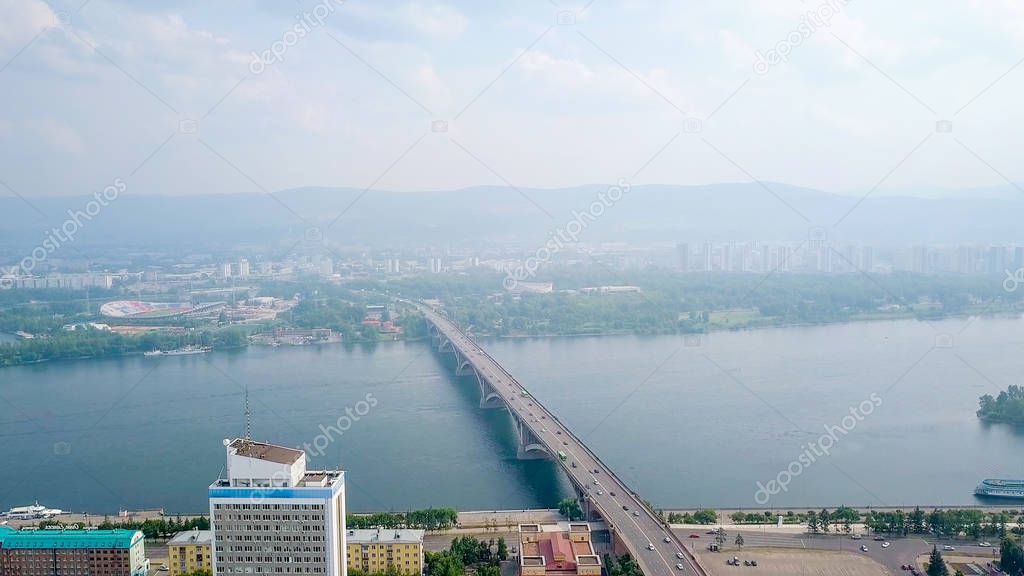 Communal bridge. Panorama of the city of Krasnoyarsk. Russia, From Dron  