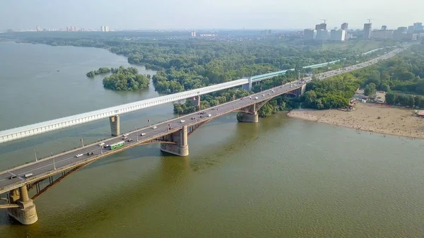 Мост Метро Общий Мост Панорама Города Новосибирска Вид Реку Обь — стоковое фото