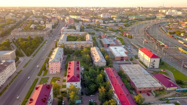 Rusia Omsk Julio 2018 Panorama Ciudad Atardecer Estación Central Tren — Foto de Stock