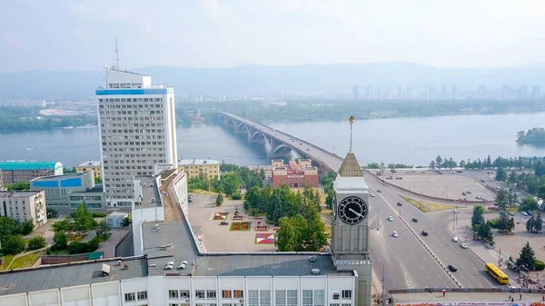 Russia Krasnoyarsk July 2018 City Clock Communal Bridge City Administration — Stock Photo, Image