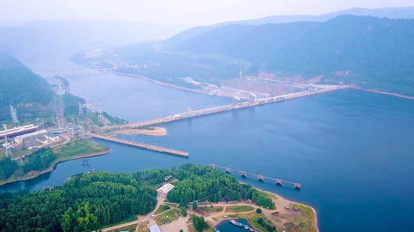 Krasnojarsk Vattenkraftverk Vid Floden Jenisej Ryssland Från Dron — Stockfoto