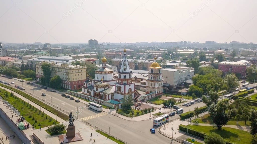Russia, Irkutsk. Cathedral of the Epiphany. Embankment of the Angara River, Monument to the Founders of Irkutsk. The text on the Russian - Irkutsk, From Dron  