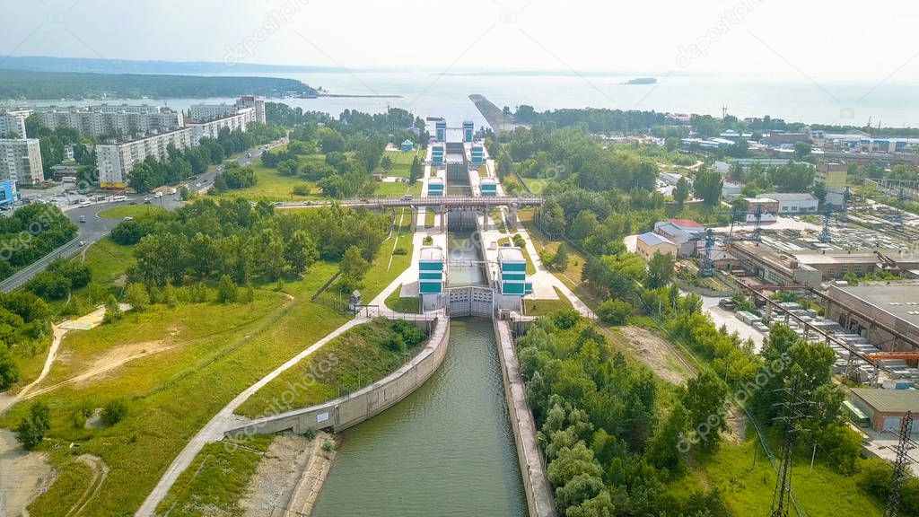 The shipping gateway of the Novosibirsk hydro-electric power station on the Ob River, From Dron  