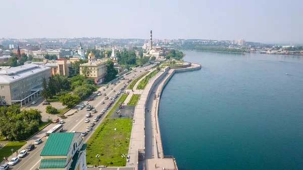 Rosja Irkuck Moskwa Bramy Punkt Orientacyjny Nabrzeże Rzeki Angary Dron — Zdjęcie stockowe