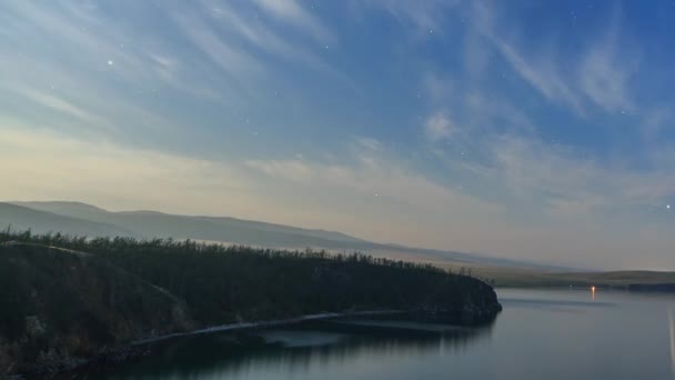 Rusia Lago Baikal Isla Olkhon Nubes Estrellas Una Noche Luna — Vídeos de Stock