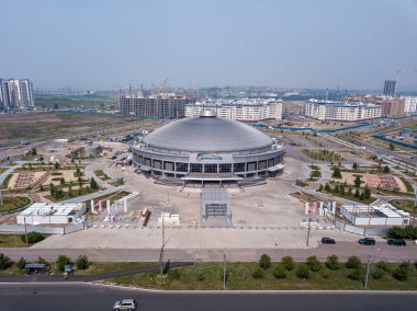 Rusya, Krasnoyarsk - 23 Temmuz 2018: Spor tesisi. Arena-Kuzey (Arena Sever çok fonksiyonlu karmaşık), hava fotoğrafçılığı