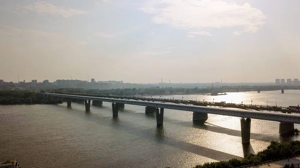 Metro Bridge and Communal Bridge. Panorama of the city of Novosibirsk. View on the river Ob. Russia, From Dron — Stock Image Metro Bridge Communal Bridge Panorama City Novosibirsk View River Russia Stock Image