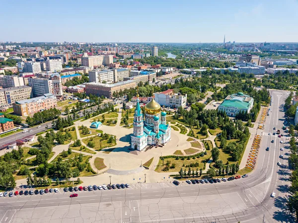 Омск Россия Собор Успения Пресвятой Девы Марии Аэрофотосъемка — стоковое фото