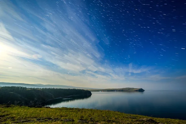 Russia Lake Baikal Olkhon Island Clouds Stars Small Sea Bay — Stock Photo, Image