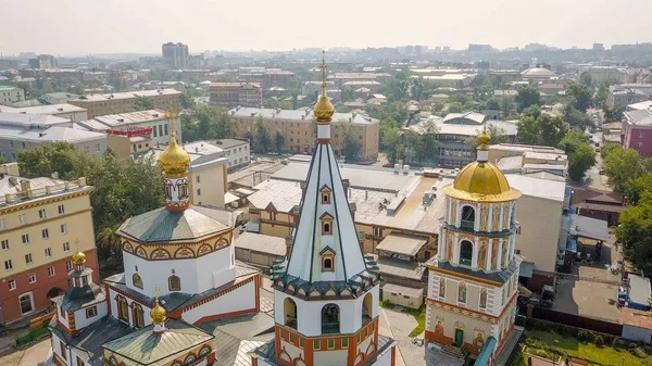 Rusia Irkutsk Catedral Epifanía Templo Ortodoxo Templo Católico Desde Dron —  Fotos de Stock