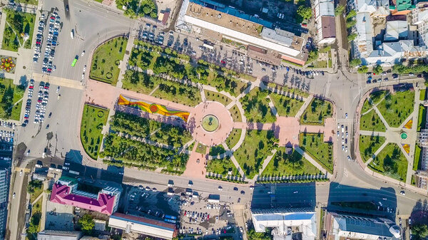 Russia, Irkutsk. Square named after Kirov. Fountain, From Dron