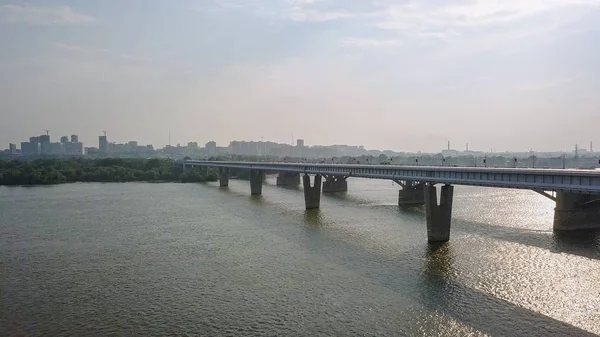Metro Bridge and Communal Bridge. Panorama of the city of Novosibirsk. View on the river Ob. Russia, From Dron — Stock Image Metro Bridge Communal Bridge Panorama City Novosibirsk View River Russia Royalty Free Stock Photos