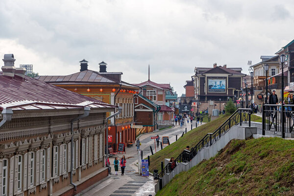 Russia, Irkutsk - July 25, 2018: 130th quarter. Quarter of wooden Russian buildings