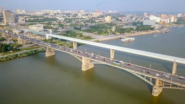 Metro Bridge and Communal Bridge. Panorama of the city of Novosibirsk. View on the river Ob. Russia, From Dron — Stock Image Metro Bridge Communal Bridge Panorama City Novosibirsk View River Russia Stock Image