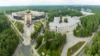 Rusya, Novosibirsk - 20 Temmuz 2018: Novosibirsk Devlet Üniversitesi. NSU - gerçek bilim. Yeni ve eski bina. Hava fotoğrafçılığı