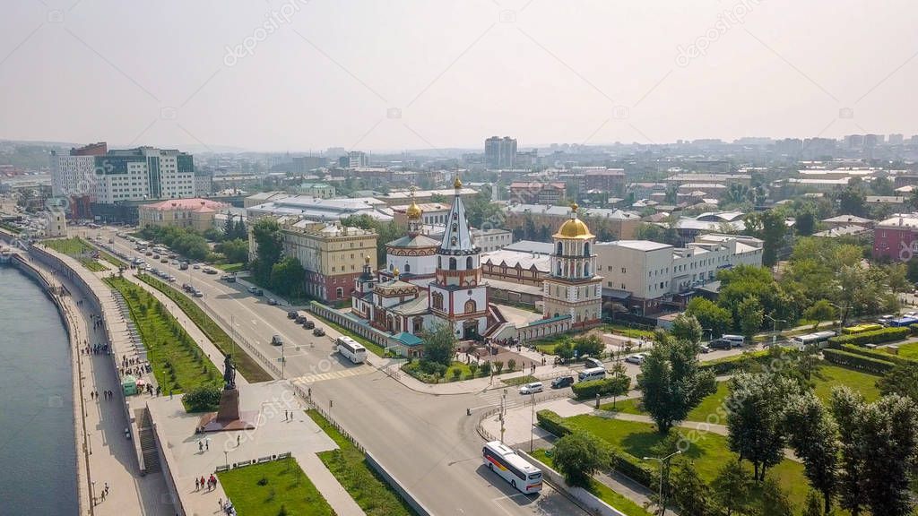 Russia, Irkutsk. Cathedral of the Epiphany. Embankment of the Angara River, Monument to the Founders of Irkutsk. The text on the Russian - Irkutsk, From Dron  