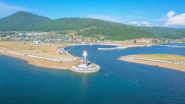 Ryssland Bajkalsjön Fyren Stranden Sjön Mynningen Floden Turk Från Drone — Stockfoto