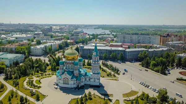 Собор Успения Пресвятой Богородицы Панорамный Вид Город Омск Россия Дрона — стоковое фото