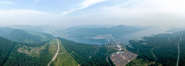 Central Hidroeléctrica Krasnoyarsk Rio Yenisei Rússia Partir Dron Fotografias Aéreas — Fotografia de Stock