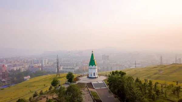 Piatnicka Pyatnitsa Kaplicy Symbolem Krasnojarsk Jedną Głównych Atrakcji Miasta Dron — Zdjęcie stockowe