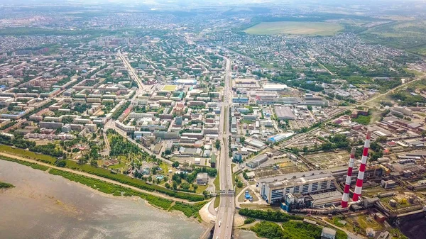 Kuznetsk bridge over the river Tom. Panoramic view of the city of Kemerovo. Russia, From Dron