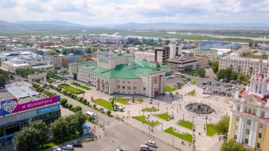 Russia, Ulan-Ude - August 03, 2018: Buryat State Academic Opera and Ballet Theater named after People's Artist of the USSR G. Ts. Tsydynzhapov, From Drone   clipart