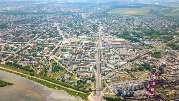 Kuznetsk bridge over the river Tom. Panoramic view of the city of Kemerovo. Russia, From Dron