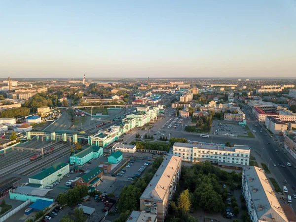 Russie Omsk Gare Centrale Ville Omsk Bâtiment Gare Coucher Soleil — Photo