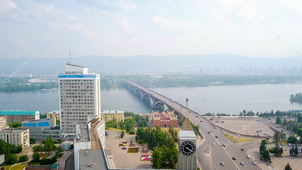 The city clock. Communal bridge, the city administration. Panorama of the city of Krasnoyarsk. Russia, From Dron  