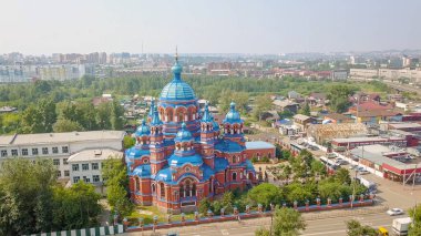 Rusya, Irkutsk. Bir kazan içinde zanaat Sloboda Meryem simgesini Kilisesi. Ortodoks Kilisesi, Protestan Kilisesi, Dron üzerinden  