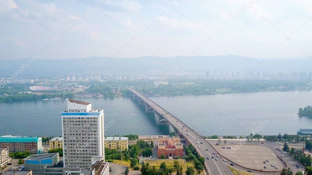 The city clock. Communal bridge, the city administration. Panorama of the city of Krasnoyarsk. Russia, From Dron  