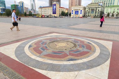 Mongolia, Ulaanbaatar - August 08, 2018: Zero kilometer Ulaanbaatar at Sukhbaatar Square clipart