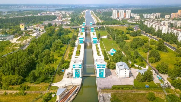 Frakt Gateway Novosibirsk Hydro Electric Kraftverket Vid Floden Från Dron — Stockfoto