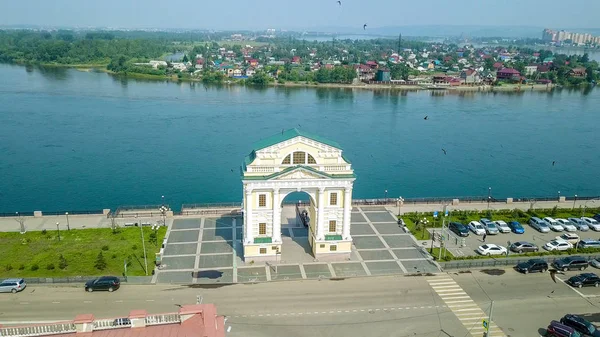 Russia Irkutsk Moscow Gate Landmark Embankment Angara River Dron — Stock Photo, Image