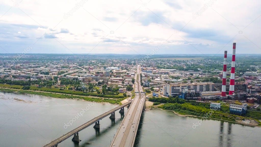 Kuznetsk bridge over the river Tom. Panoramic view of the city of Kemerovo. Russia, From Dron  