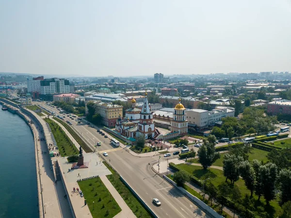 俄罗斯 伊尔库茨克 城市的中央堤防 安加拉河 航拍照片 — 图库照片