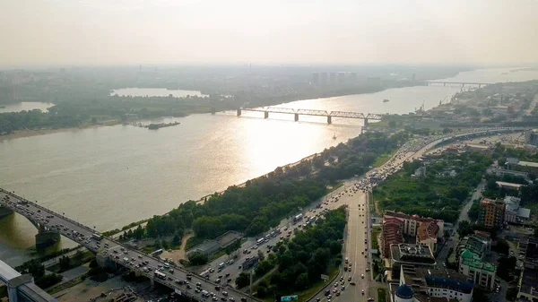 Panorama of the city of Novosibirsk. View of the bridges and the river Ob. Russia, From Dron — Stock Image Panorama City Novosibirsk View Bridges River Russia Dron Royalty Free Stock Images