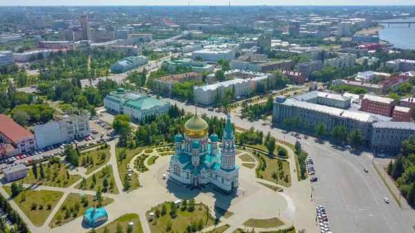 The Cathedral of the Assumption of the Blessed Virgin Mary, panoramic views of the city. Omsk, Russia, From Dron