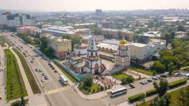 Rusya, Irkutsk. Epiphany Katedrali. Ortodoks tapınak Katolik Tapınağı, Dron üzerinden  