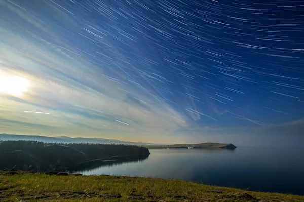 Russia Lake Baikal Olkhon Island Clouds Stars Moonlit Night Small — Stock Photo, Image