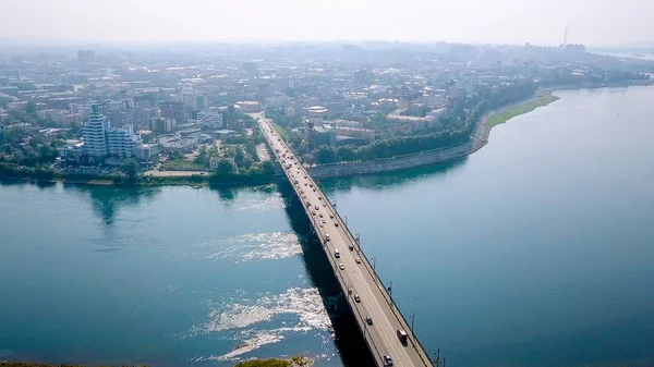 Ryssland Irkutsk Glazkovsky Bridge Bro Över Floden Angara Från Dron — Stockfoto